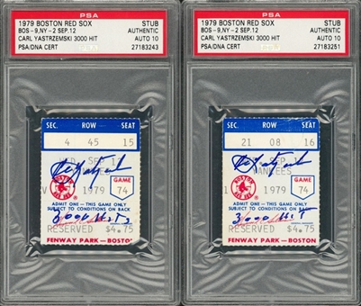 Lot of (2) 1979 Carl Yastrzemski Signed Ticket Stub From 3,000th Hit Game on 9/12/79 (PSA/DNA GEM MT 10)